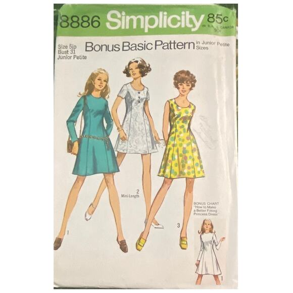 Simplicity 8886 Dress Pattern Jr Petite 1970 Vtg Variation Top Stitch Princess - Picture 2 of 7